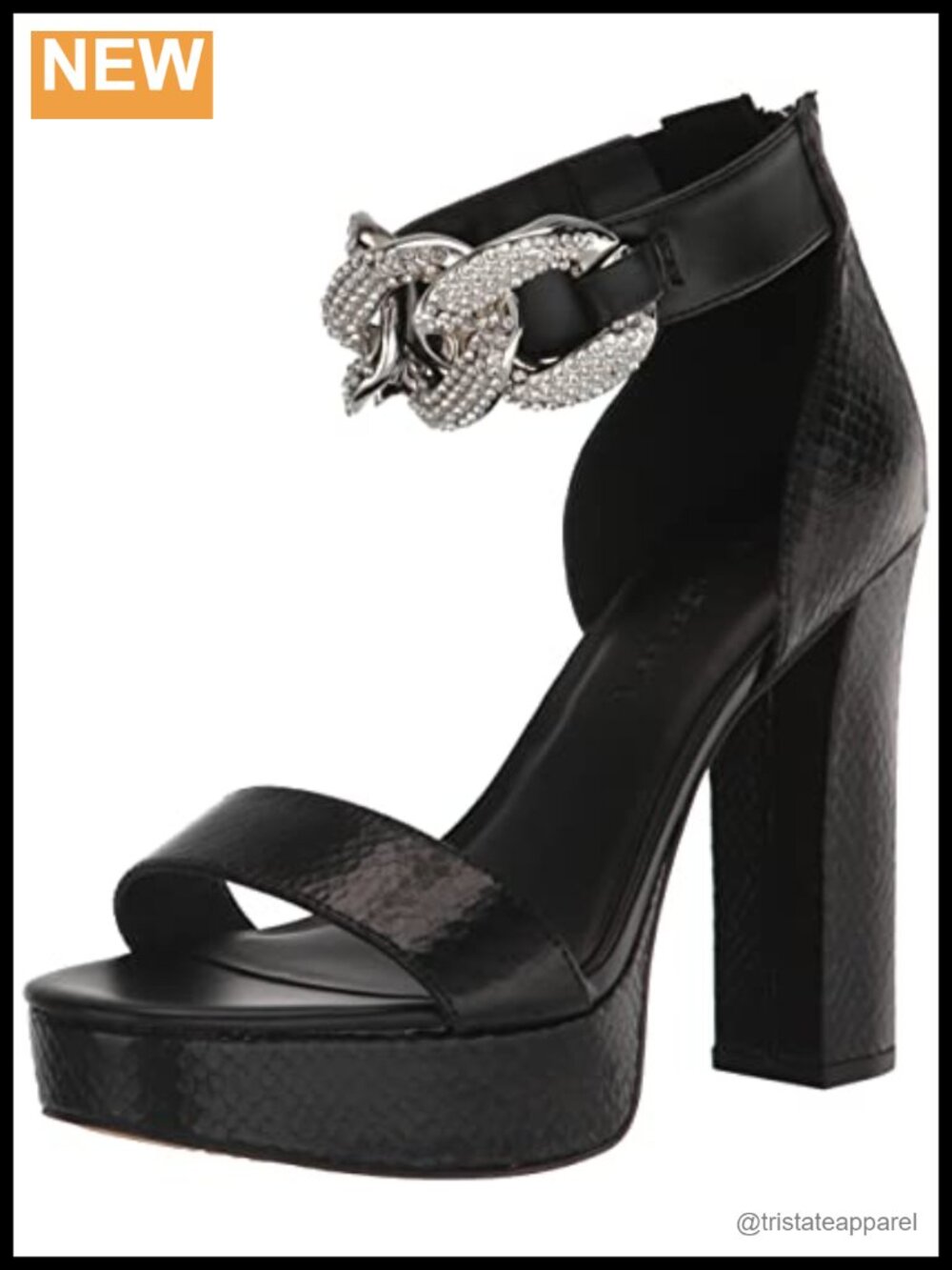 Platform Heel Ankle Strap Chain Embellishment Round Toe Stiletto